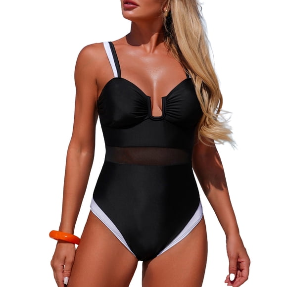 OHMZYZO Womens One Piece Swimsuit Mesh Panel Contrast Trim V Neck Ruched Tummy Control Bathing Suit For Beach Swimming Pool Vacation