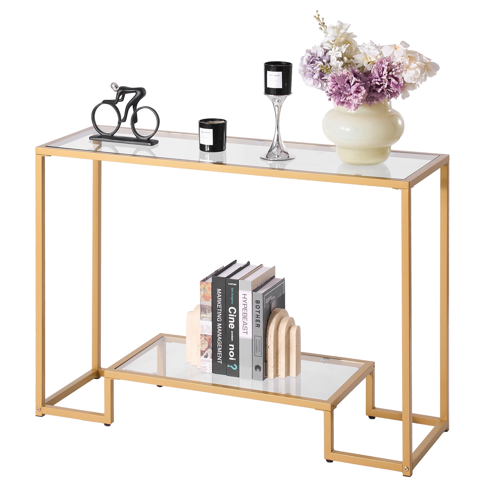 VEVOR Table Console Rectangulaire en Verre à 2 Niveaux pour Sofa avec Dispositif Anti-Basculement Doré