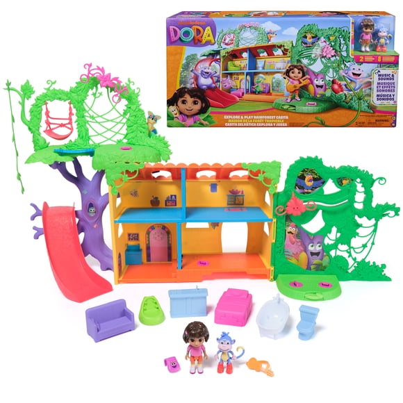 Dora, Coffret Maison de la forêt tropicale, figurines Dora et Babouche, meubles pour maison de poupée, répliques bilingues, jouets pour filles et garçons, à partir de 3 ans