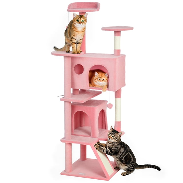 PawHut 54" Cat Tree Tower with Scratching Posts, Cat Condos, Pink. This multi-level cat tree features a soft pink plush covering, multiple platforms, two cozy condos, a bed, and a scratching ramp. It includes sisal-wrapped posts for clawing, a toy ball for play, and is suitable for 1-3 cats up to 10 lbs. The sturdy particleboard construction ensures durability, and an anti-tipping kit is included for safety. Dimensions: 19.3" W x 19.3" D x 63" H.