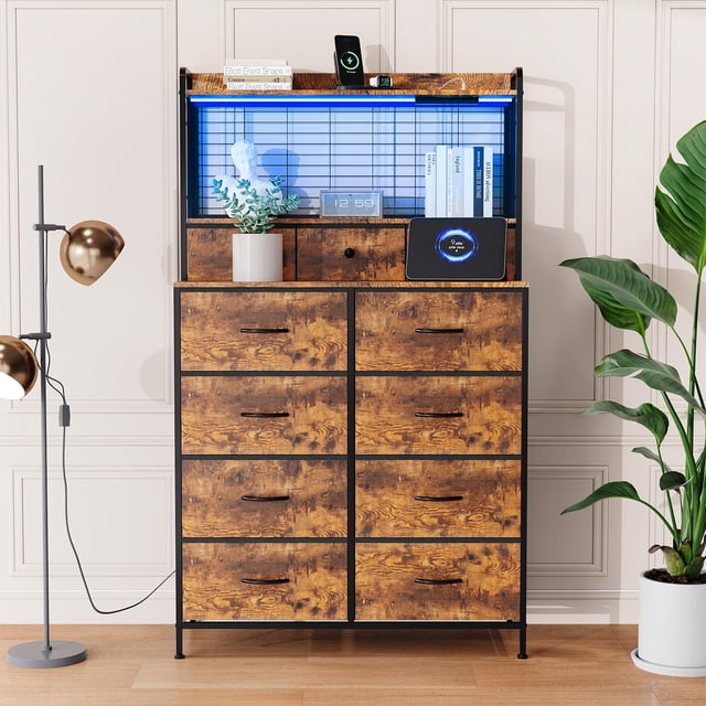 Commode Intelligente à 11 Tiroirs en Tissu avec Station de Recharge Intégrée, Recharge Sans Fil et Lumières DEL RVB, Conception Industrielle Anti-Basculement, Armoire de Rangement pour Chambre en Plusieurs Couleurs