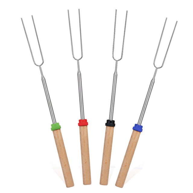 Fourchette de Barbecue en Forme de U Brochette de Hot-Dog Manche en Bois Bâtons de Rôtissage Extensibles Accessoires de BBQ Légers en Acier Inoxydable