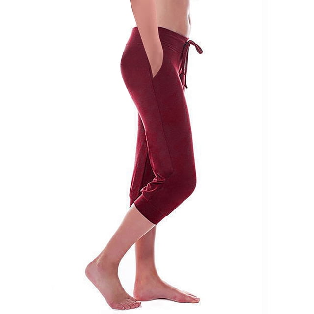 Capris Pantalons pour Femmes Décontractés Raccourcis Évasés Coupe Jambe Coupe pour Femmes Grande Taille Polyester Été Pantalons Décontractés Pantalons Capris Style C-383 Rouge G