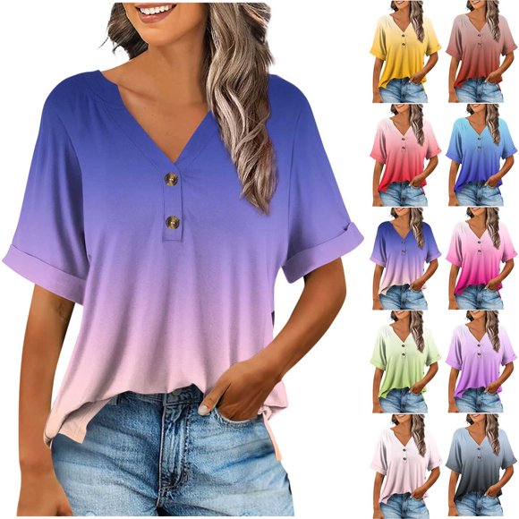 WRKEKC Hauts d'Été pour Femmes, T-Shirt à Col en V Extensible pour Femmes, Décontracté à Manches Courtes, Boutonné, Coupe Ample, Élastique, Confortable, Haut d'Été à Imprimé Non Positionné