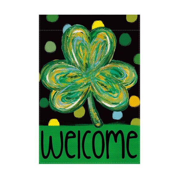St. Patrick's Day Four-Leaf Clover Garden Flag, Durable Flax Outdoor Decoration for Yard, Pole and Holiday Celebration