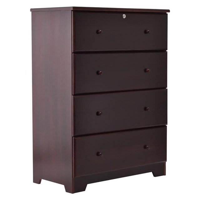 Better Home Products Isabela Commode à 4 Tiroirs en Bois de Pin Massif en Acajou. Pièce Moderne Mi-Siècle à silhouette Carrée avec Boutons Assortis, Idéale pour les Meubles de Chambre. Comprend Quatre Tiroirs jumbo avec Glissières en Métal et Butées de Sécurité Coulissantes, Offrant un Grand Rangement. le Tiroir Supérieur Comprend une Serrure et une Clé pour Sécuriser les Objets de Valeur. Fabriquée en Bois de Pin d'Approvisionnement Durable avec une Finition Acajou. Conception Verticale Compacte Économise de l'Espace. Dimensions : 44,5” L x 32,5” L x 17