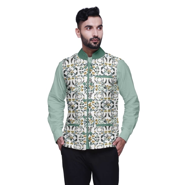 Atasi Flower Printed Wedding Jackets For Men Nehru Jacket Waist Coat For Wedding & Festive Season-Small