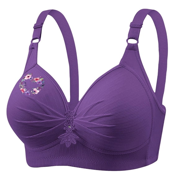 FAVIPT Push Up Bras for Women Breathable Everyday Bras Adjustable Wireless Floral Print Bra Comfort Senior Underwear Purple,XXXL