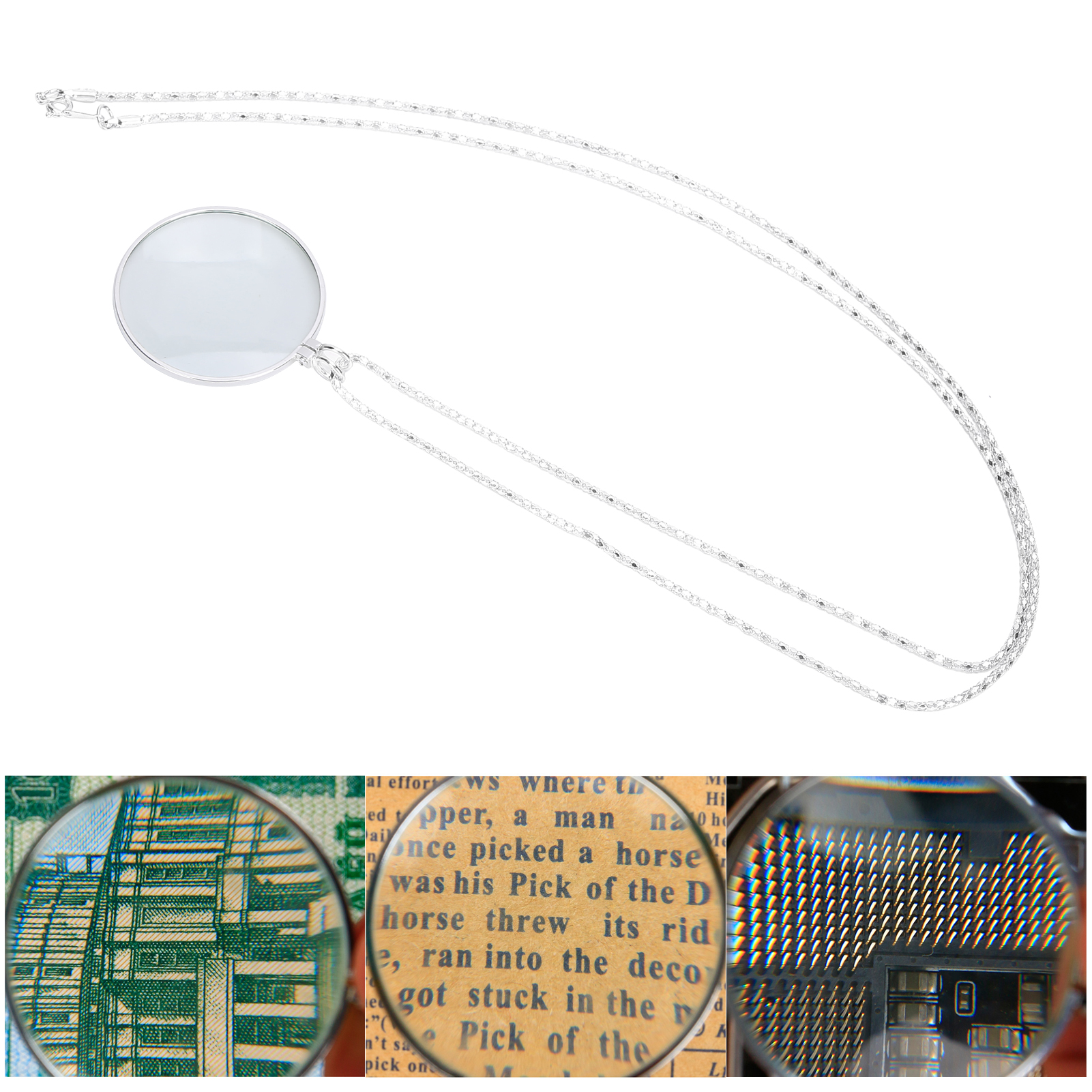 5X Alloy Necklace Magnifying Glass Portable Reading Pendant Magnifier with ChainSilver Jewelry Tools and
