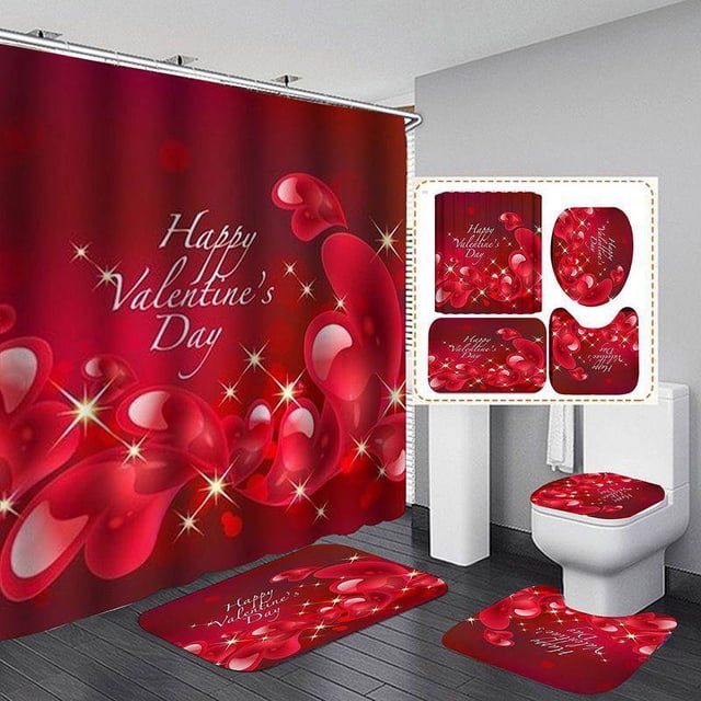 Valentine‘s Day 3D Digital Printing Shower Curtain 4-piece Set With Good Waterproof Effect (100% Polyester Fabric)