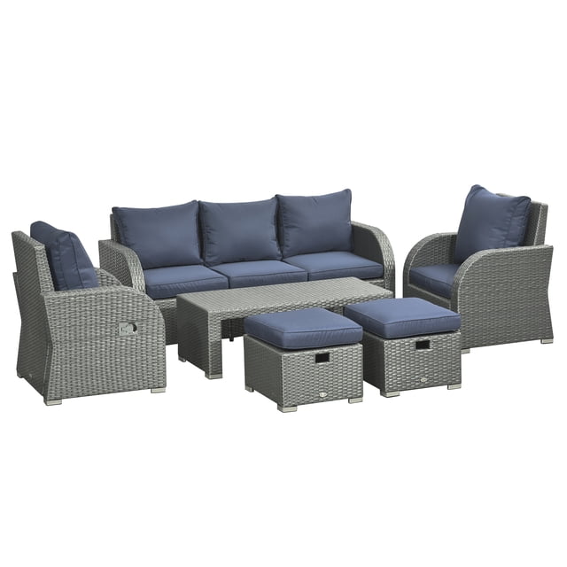 Outsunny Mobilier de Patio avec Coussins Bleu Foncé, Ensemble de conversation Extérieur de 6 Pcs Comprenant un sofa 3 Places, Deux Fauteuils Inclinables Simples, Deux Repose-Pieds et une table Basse. Fabriqué en Rotin PE Gris et Acier, Comprend des Coussins Épais Rembourrés pour le Confort et la Durabilité. les Fauteuils Inclinables Offrent des angles Réglables de 90 à 130° avec un Levier Latéral pour une Inclinaison Facile. la table Basse Offre une surface Pratique pour les Boissons et les Collations. les Dimensions Incluent un sofa 3 Places de 67,7 Pouces de Large, des Fauteuils Inclinables de 29