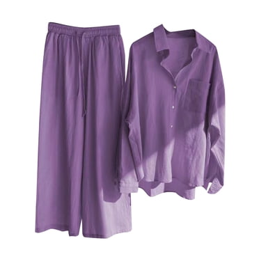 Yuyuzo Ensembles en Coton et Lin pour Femmes 2 Pcs Chemises Surdimensionnées à Manches Longues Boutonnées Pantalons à Jambes Larges Ensembles de Détente