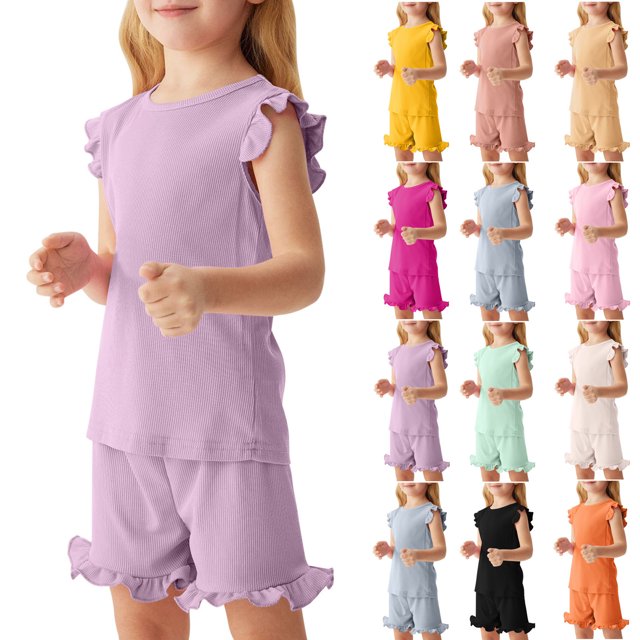 Toddler Girls Summer Short Sets Cotton Rib Knit Outfits Short Ruffle Cap Sleeve Tees T-Shirt Tank Tops + Skorts 2PC Sets Khaki 4-5 Years