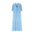 thumbnail image 4 of Pisexur Robes d'Été pour Femmes en Doux Lin-Coton Robes d'Été pour Femmes Décontractées à Col en V Manches 3/4 Robe Maxi Ample Confortable Fluide Robes pour Femmes Couleur Unie à Volants Boho Longues Robes P-2TG Bleu, 4 of 5