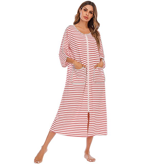 Langgg Polyester Robe de Nuit pour Femmes en de Rechange Col Rond Fermeture Éclair Cardigan Respirant Peignoir de Maison et de Bureau Tenue de Nuit Vêtements de Nuit Rouge m