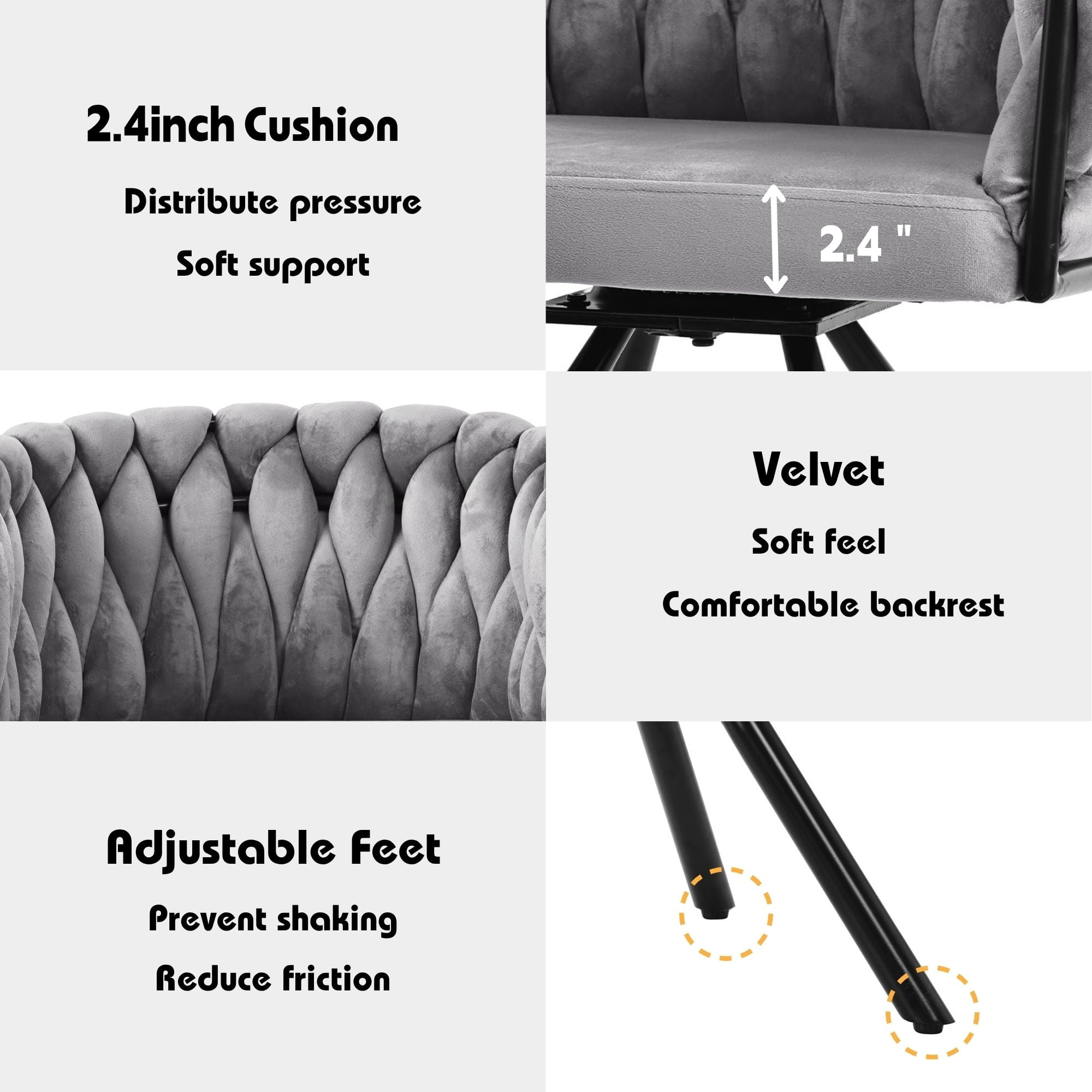 Noble House Set of 2 Velvet Dining Chairs, Luxurious Tufted Swivel Chair with Four Support Legs, Gray