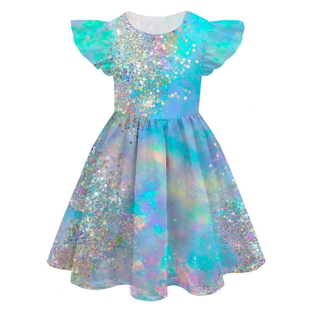 WEAIXIMIUNG Robe de Graduation Filles Été Couleur Impression Numérique 3D Mignonne Personnalité Mode Robe Manches Volantes 13-14 Ans