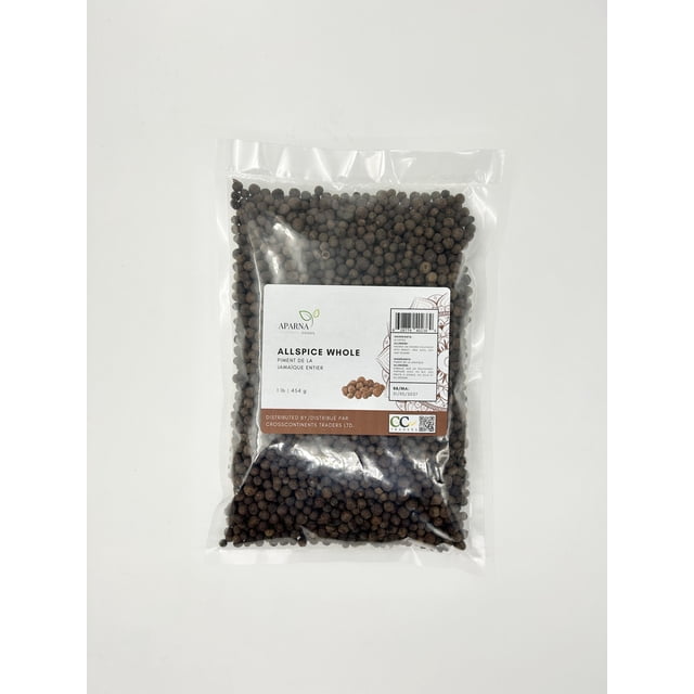 Un Lot de 1 Lb de Piment de la Jamaïque Aparna Foods, Comprenant des Baies Entières de Piment de la Jamaïque dans un Sac Transparent Refermable avec une Face Étiquetée. l'Étiquette Comprend des Détails sur le Produit et la Marque de Marque, Convient au Rangement en Vrac dans le Garde-Manger Ou à l'Utilisation comme Assaisonnement.