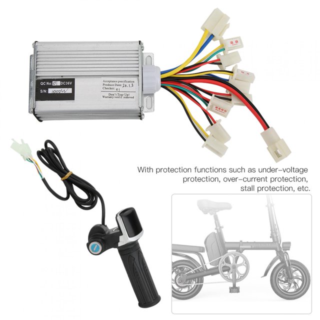 ANGGREK Multifunction Thumb Throttle Grip and 36V 1000W brush e-bike controller set, featuring an aluminum alloy construction. Includes a multifunction thumb throttle grip with lock and electric quantity display, along with a brushed controller with under-voltage, over-current, and stall protection. Designed for electric bike conversion, the set also includes two keys and wiring for easy installation. The controller measures approximately 9.5x6.5cm and weighs 665g.