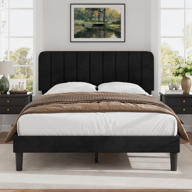 VECELO Queen Size Upholstered Beds, Modern Platform Bed Frame with Adjustable Headboard, Wooden Slats Support/No Box Spring Needed, Black