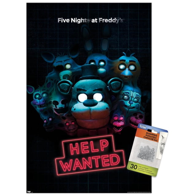 Five Nights at Freddy's - Affiche Murale Help Wanted Mettant en Vedette des Personnages Animatroniques aux Yeux Lumineux sur un Fond à Grille Sombre avec un Panneau Néon Rouge « Help Wanted », Imprimée sur du Papier d'Affiche Lustré Idéale pour l'Art Mural et la Déco de Chambre, Comprend des Supports Adhésifs pour une Suspension Facile.