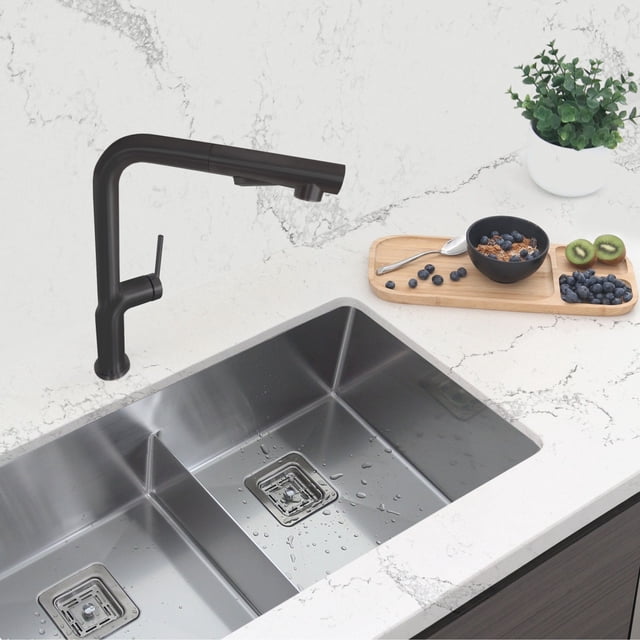 Stylish 13" Ht Single Handle Matte Black Pull Down Kitchen Faucet K-146N
