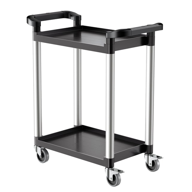VEVOR Chariot Utilitaire Robuste d'Une Capacité de 300 Lb, Doté d'Un design à 2 Niveaux avec Plateaux Noirs et Cadre en Aluminium Renforcé. Comprend 4 Roulettes Pivotantes, 2 avec Freins et Poignées Ergonomiques pour une Mobilité Fluide. Convient comme Chariot Roulant pour garages, Bureaux, Salles de Classe et Rangement à la Maison.