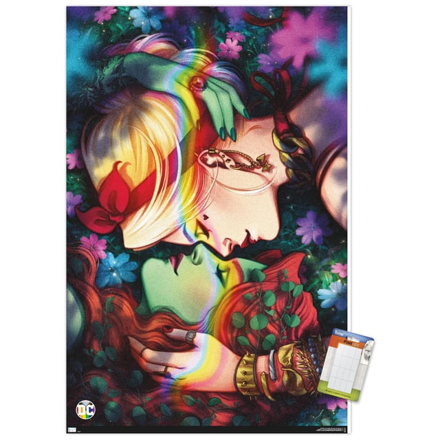 DC Comics - Harley Quinn Affiche Murale de Fierté avec Lierre Poison, 22,375 Po x 34 Po, Représentant un Gros Plan Coloré de Harley Quinn aux Cheveux Blonds et au Nœud Rouge et au Lierre Poison à la Peau Verte et aux Cheveux Rouges, Allongé face à face Entouré de Fleurs et de Feuillage Vibrants, Imprimé sur Papier Lustré avec un Effet de Lumière Arc-en-Ciel, Convient à la Déco de la Maison Ou pour les Fêtes.