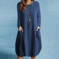 thumbnail image 1 of Robes d'Été Grande Taille Mode Décontractée Col Rond Manches Longues Coton Lin Robe Mi-Mollet Poche Robes Unies Robes pour Femmes pour Invitée de Mariage Été en Liquidation, 1 of 8
