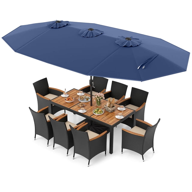 Costway 11 PCS Patio Wicker Dining Set with Double-Sided Outdoor Umbrella 8 Stackable Chairs