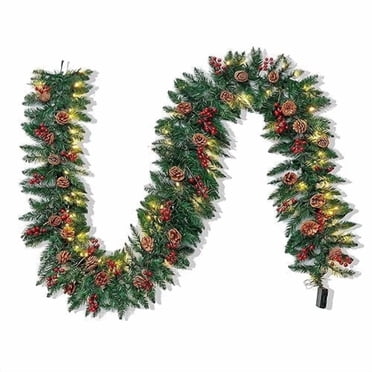 Joyfy 9FT Christmas Garland Prelit with 100 Count Warm White String Lights, Pine Cones, Holly Berries for Home Dining Table Mantel Porch Winter Christmas Decor, Plug in Lighted Pine Garland