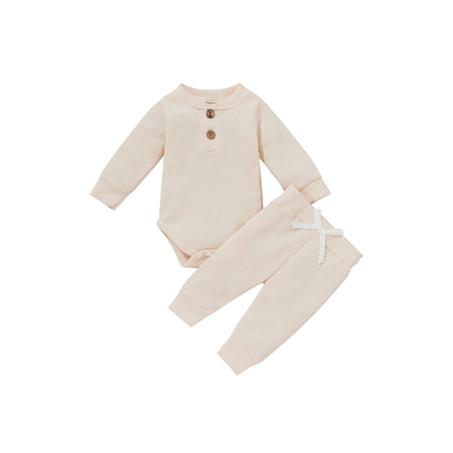 Gupgi Ensemble 2 Pcs pour Tout-Petit, Barboteuse à Manches Longues à Col Henley + Pantalon Décontracté
