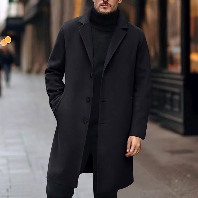 Ceisia Men's Slim Notched-Lapel Single-Breasted Mid-Length Wool-Blend Coat Gift