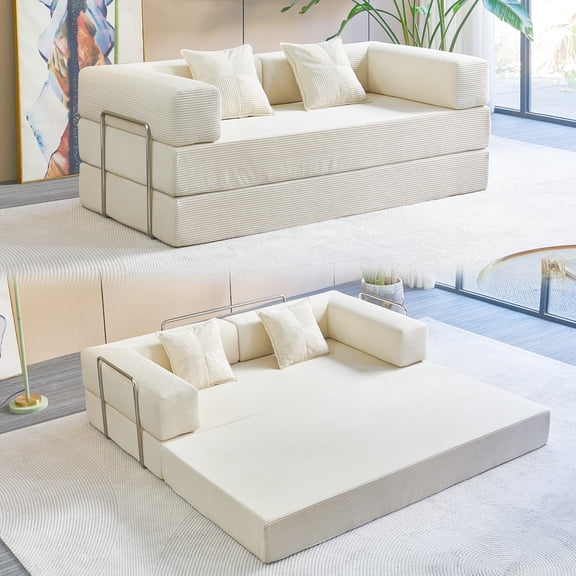 YINIX 81.6" Convertible Sofa Bed with 2 Pillows, Foldable Sofa Couch for Living Room and Small Spaces, Beige