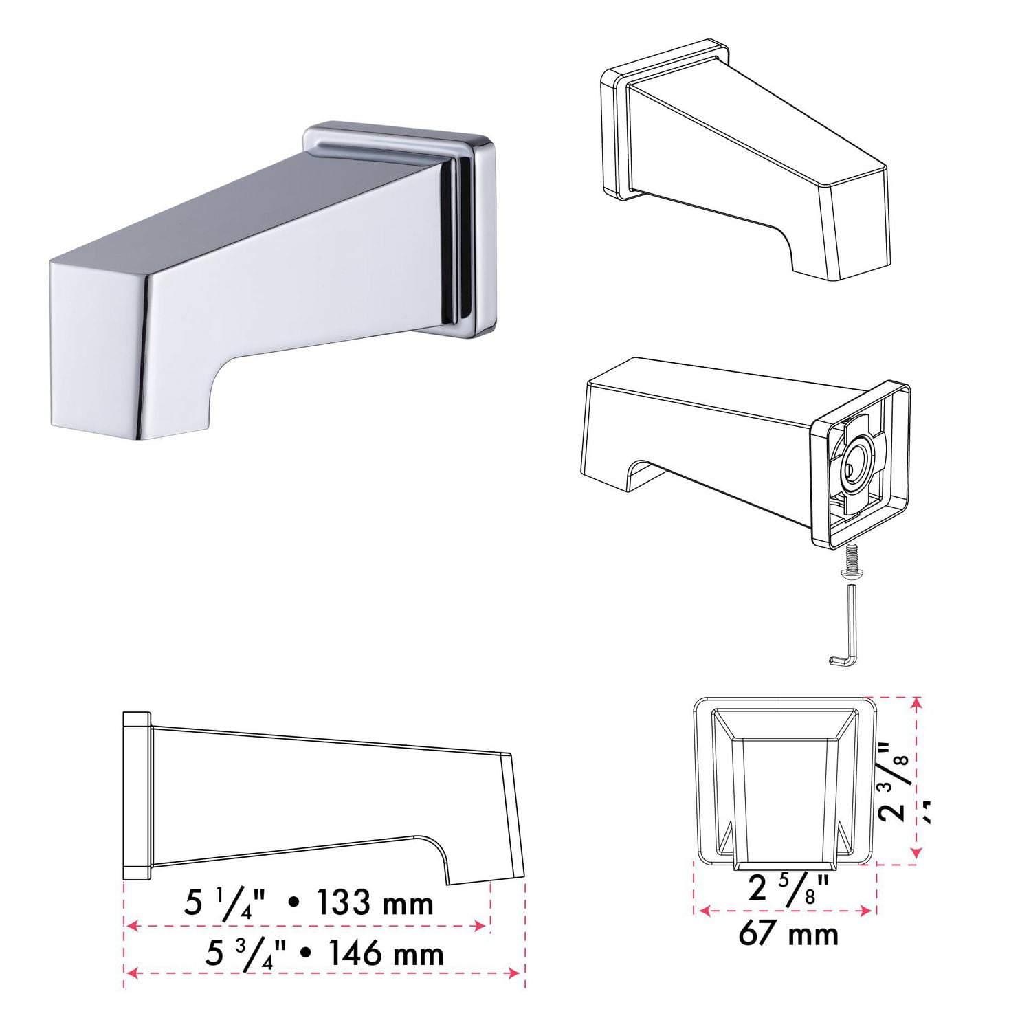 Robinet de bain-douche à pression équilibrée avec inverseur 3 voie carré akuaplus(MD), douche à main aimantée 3 réglages avec pommeau et bec de bain fini chrome