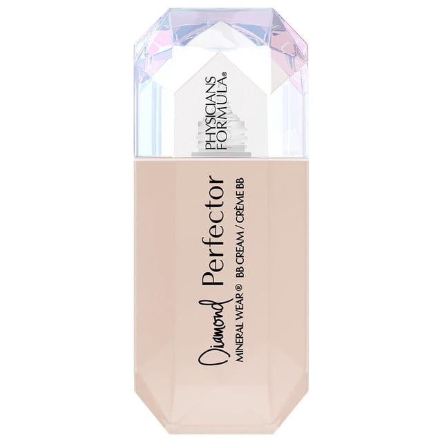 Mineral Wear® Diamond Perfector BB Cream - Fair-to-Light in a faceted beige bottle with a clear diamond-cut cap, featuring Physicians Formula branding and black text, providing 10 skin-perfecting benefits like moisturizing, priming, concealing, and brightening, ideal for sensitive skin.