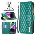thumbnail image 1 of iPhone 14 Wallet Case Premium Handmade PU Leather Phone Case Card Slots Magnetic Closure Zipper Pocket Kickstand Flip Case with Hand Strap for iPhone 14 - Green, 1 of 5