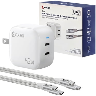 OXAA 45W USB-C GaN Fast Charger Bundle with 2 USB-C to C Cables (2m)| Dual Port PD 3.0 Fast Charging Adapter Compatible with iPhone, Samsung Galaxy, iPad & USB-C Enabled Devices