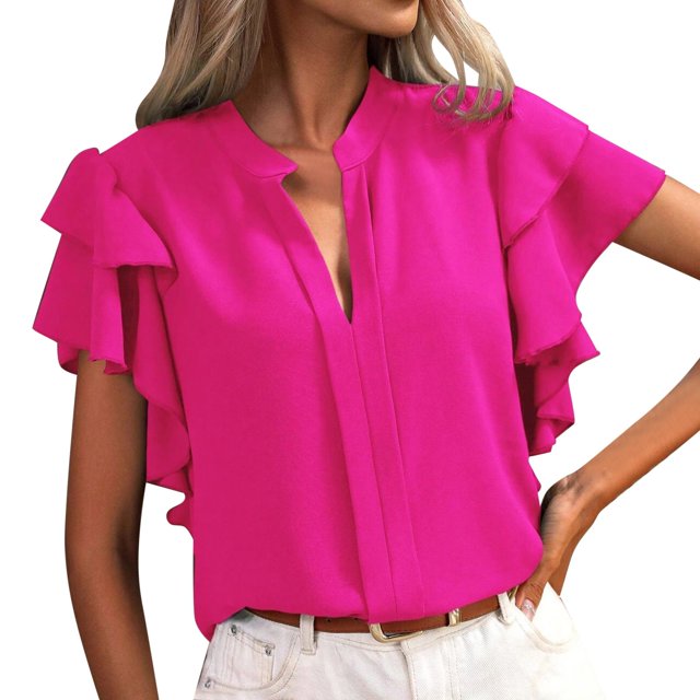 Hiiyo Women's Ruffle Sleeve V Neck Shirt Summer Casual Versatile Blouse, Sizes L
