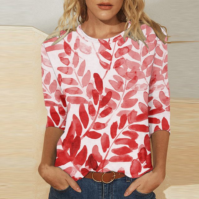 Jsaierl Automne Manches 3/4 Hauts pour Femmes Décontractés Col Rond Chemises Mode Imprimées T-Shirts Confortables Légers 2024 Blouses pour Dames