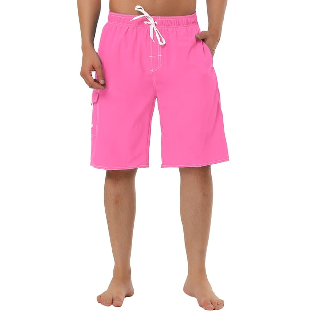 INSPIRE CHIC Men's Shorts Summer Drawstring Elastic Waist Solid Beach Board Swim Shorts in size 30, featuring a vibrant pink color. Crafted from a lightweight blend of 95% polyester and 5% spandex, these knee-length swim shorts offer breathability and comfort. The elastic waistband with drawstring ensures a secure fit, while functional pockets add practicality. Perfect for men's swimwear, beachwear, surfing, and casual summer activities.