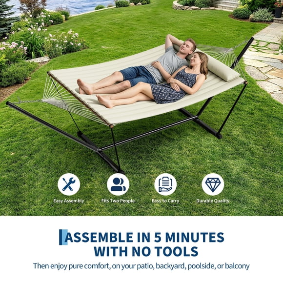 2-Person Hammock with Stand for Outside–450lbs, Balance Rope, Pillow – Double hammock for backyard, poolside, camping trips, beach getaways