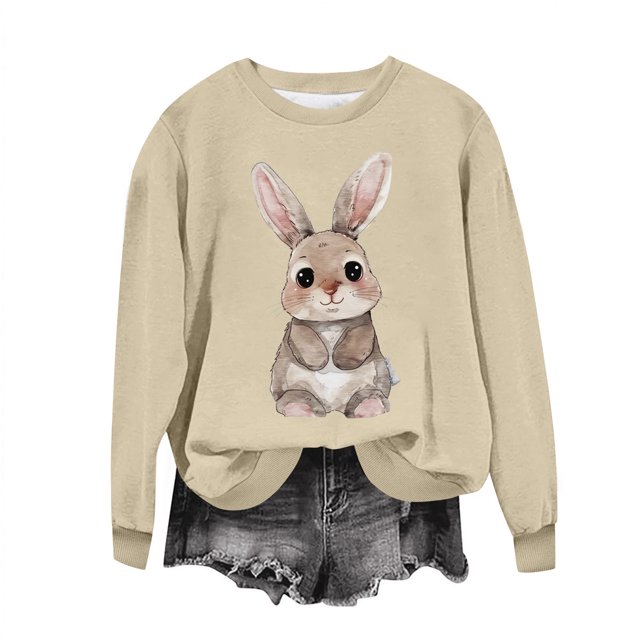 Penkiiy Chemises de Pâques pour Femmes 2024 Manches Longues Mignon Lapin Col Rond Chandail en Molleton Graphique Lapin Décontracté Été Blouse Tunique Hauts 2TG Beige