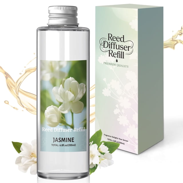 SCENTORINI Reed Diffuser Refill, 200ml/6.8 fl oz, Jasmine Scented Essential Oil in a transparent bottle with a silver cap. The label showcases white jasmine flowers and product details. A pastel-toned box with floral designs is next to the bottle, highlighting its use for aromatherapy and essential oil refills.