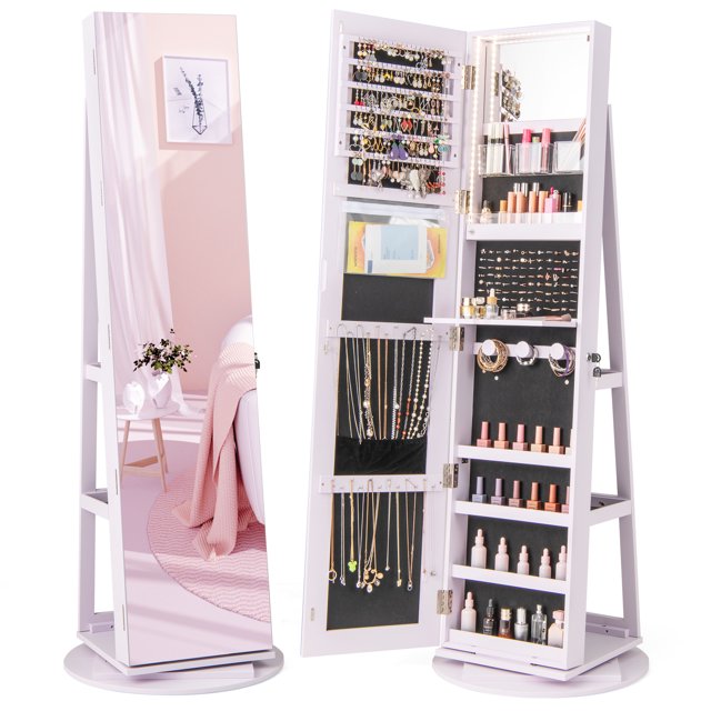 Gymax 360° Rotating Mirrored Jewelry Cabinet Armoire 3 Color LED Modes Lockable Light Purple