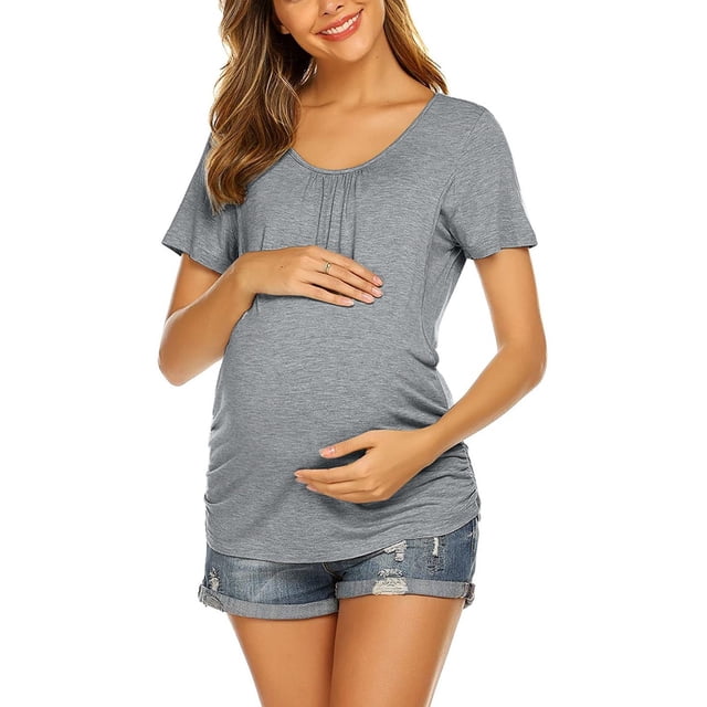 DPTALR Grossesse Enceinte Allaitement T-Shirts à Manches Courtes Couleur Unie Col Rond Blouse d'Allaitement