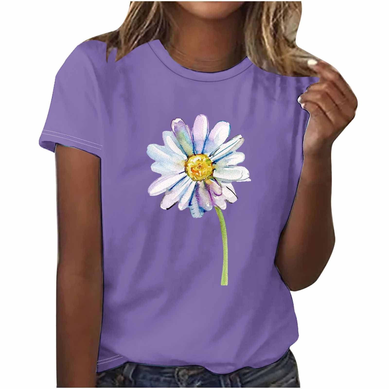 FAIWAD Hauts d'Été à Motif Floral pour Femmes, Col Rond Décontracté, T-Shirt à Manches Courtes, Coupe Ample et Confortable, Chandail à Enfiler
