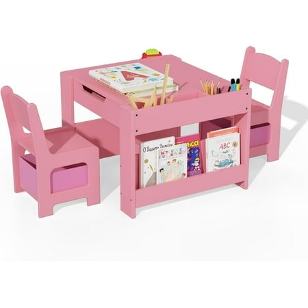 Kids Table and Chair Set - 4 in 1 Wooden Activity Table & 2 Chairs, Storage Drawer, Detachable Tabletop, for Drawing, Reading, Crafts