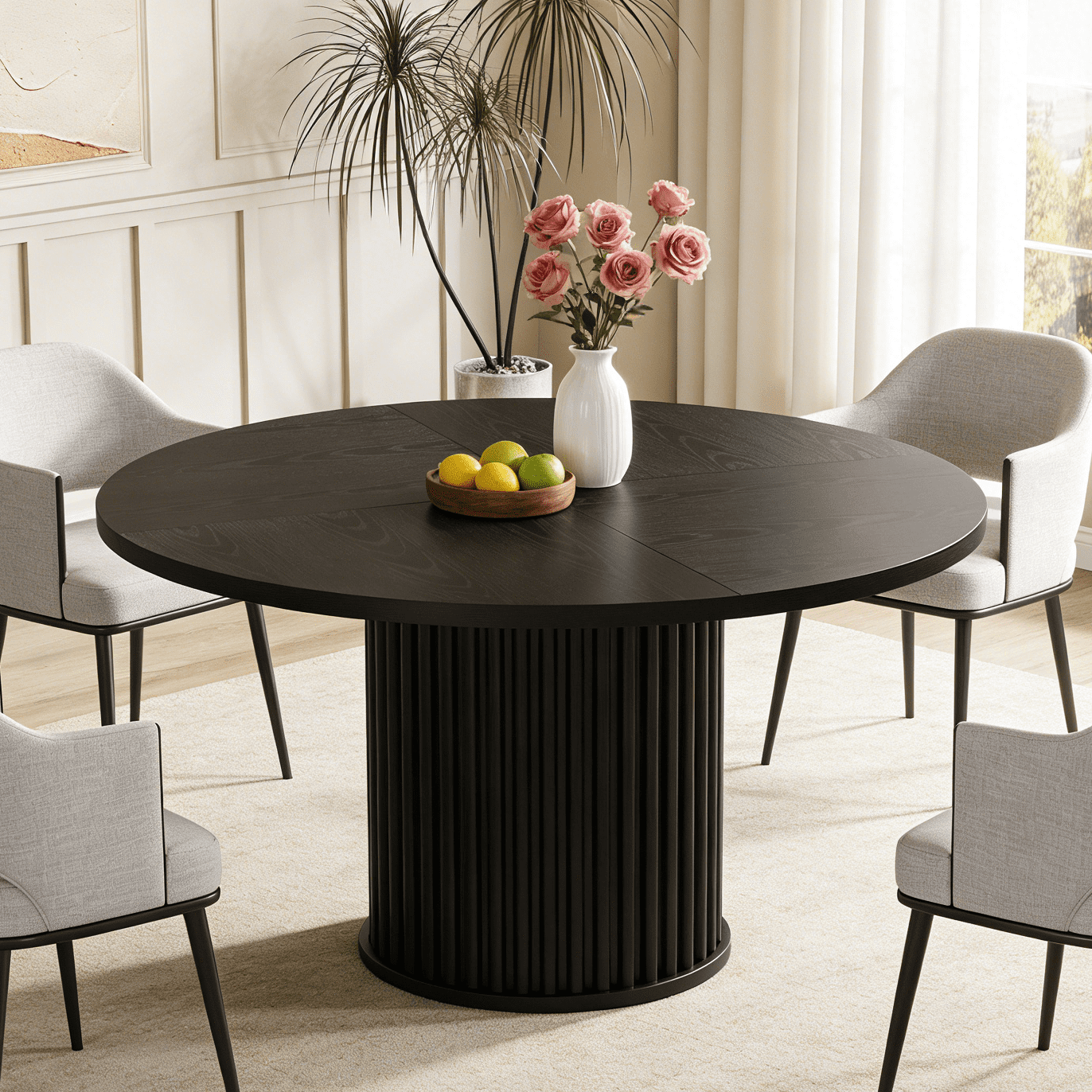Fnova 47.24" Round Dining Table, Wood Coffee Table for 4 People, Modern Farmhouse Kitchen Table for Dining Room, Black (Chairs Not Included)