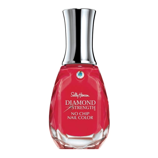 Sally Hansen Diamond Strength® Nail Color in red, in a faceted glass bottle with a shiny silver cap, formulated for no chip wear with 10-day protection from breaking, splitting, and cracking, infused with micro-diamonds and platinum, ideal for durable nail care.
